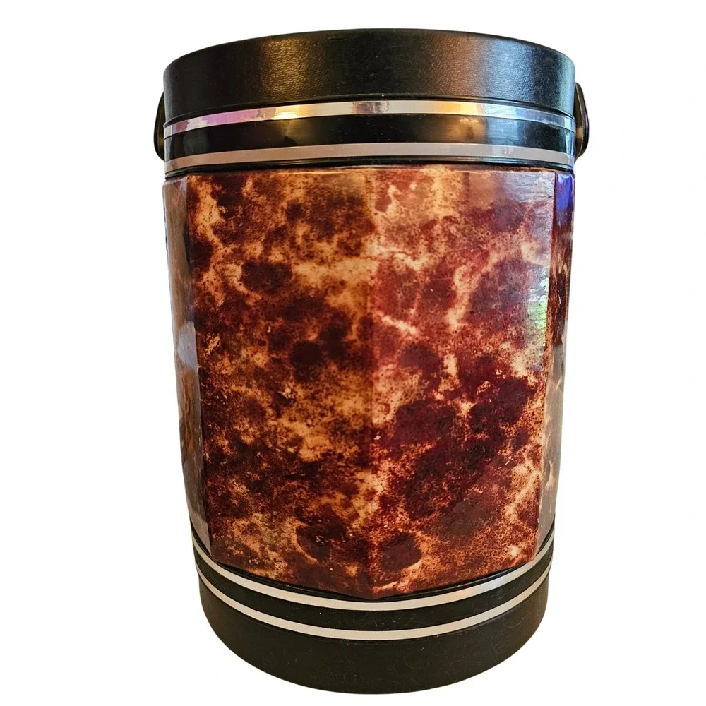 1970s Elmar Mfg Faux Tortoise Shell Ice Bucket Mid Century Modern Burgundy MCM